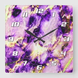 Colourful Elegant Marble Purple Pink Gold Numbers Square Wall Clock