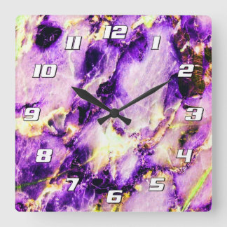 Colourful Elegant Marble Purple Pink Gold Numbers Square Wall Clock