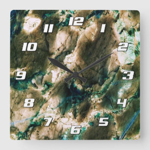 Colourful Elegant Marble Tan Brown and Aqua Number Square Wall Clock