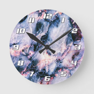 Colourful Elegant Marble White Blue an Pink Number Round Clock