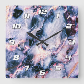 Colourful Elegant Marble White Blue an Pink Number Square Wall Clock
