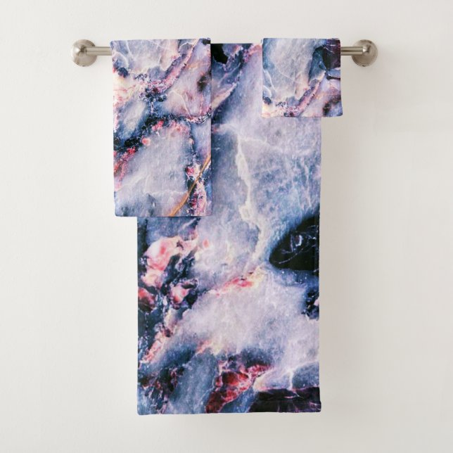 Colourful Elegant Marble White Blue and Pink Bath Towel Set (Insitu)