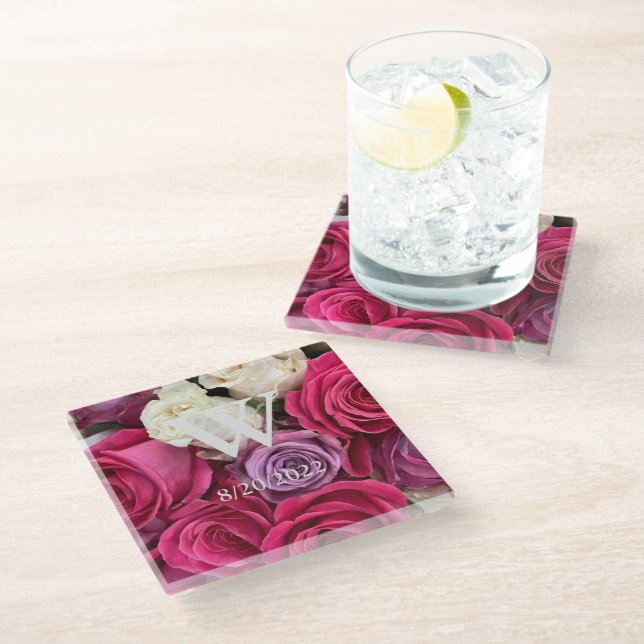 Colourful Elegant Monogram Roses Glass Coaster (Angled)