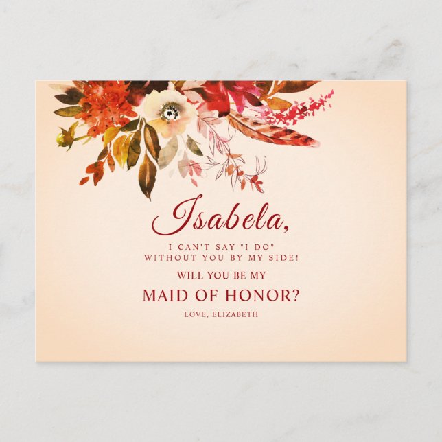 Colourful Elegant Rustic Fall Floral Maid Of Honou Postcard (Front)