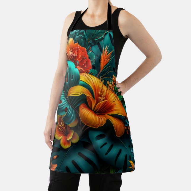 Colourful Elegant Tropical Leaves and Flowers | Apron (Insitu)
