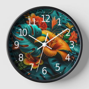 Colourful Elegant Tropical Leaves and Flowers   Clock