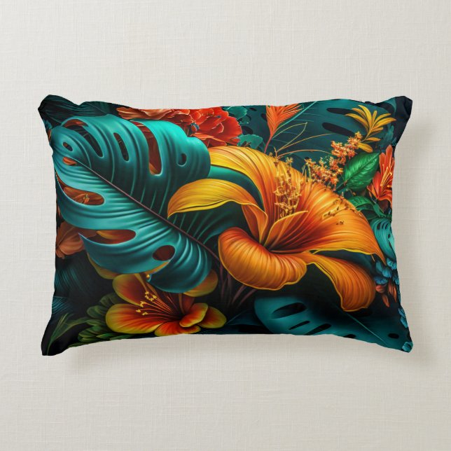 Colourful Elegant Tropical Leaves and Flowers | Decorative Cushion (Front)