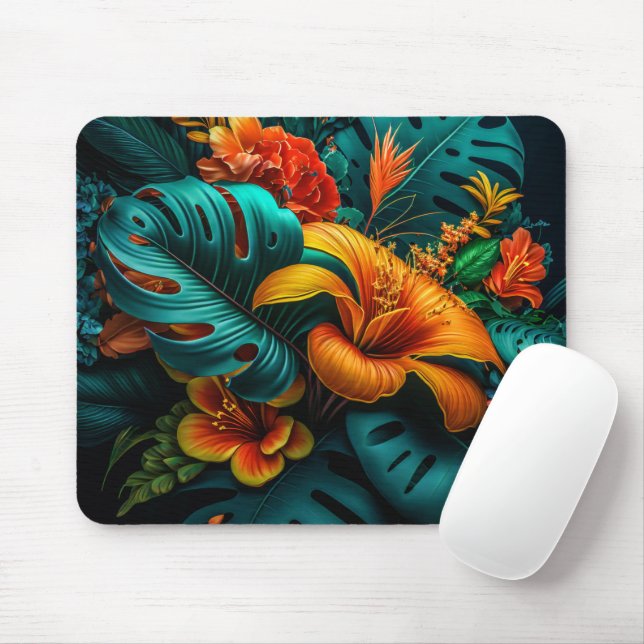 Colourful Elegant Tropical Leaves and Flowers | Mouse Mat (With Mouse)