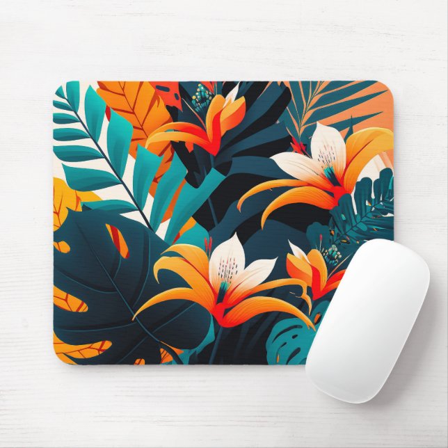 Colourful Elegant Tropical Leaves and Flowers | Mouse Mat (With Mouse)