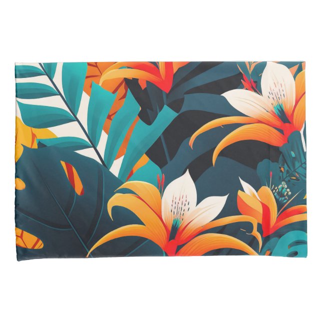 Colourful Elegant Tropical Leaves and Flowers | Pillowcase (Front-Right)