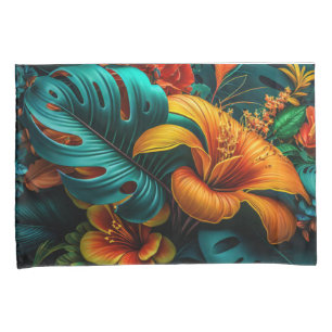 Colourful Elegant Tropical Leaves and Flowers Pillowcase
