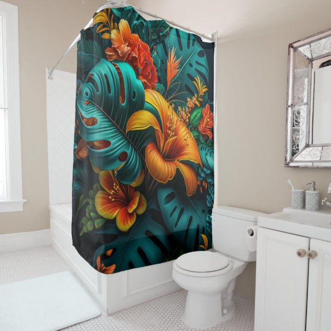 Colourful Elegant Tropical Leaves and Flowers | Shower Curtain (In Situ)