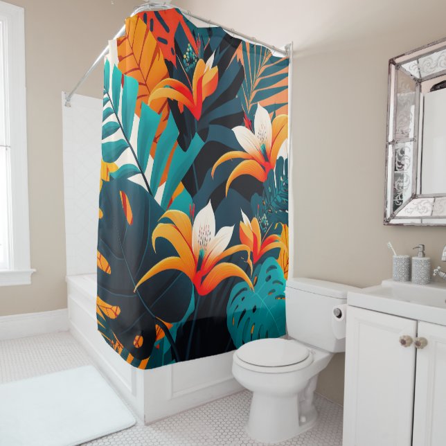 Colourful Elegant Tropical Leaves and Flowers | Shower Curtain (In Situ)