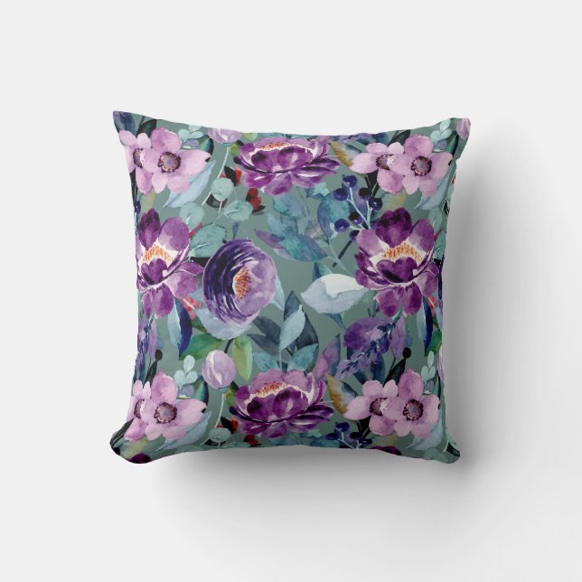 colourful elegant watercolor floral pillow (Front)