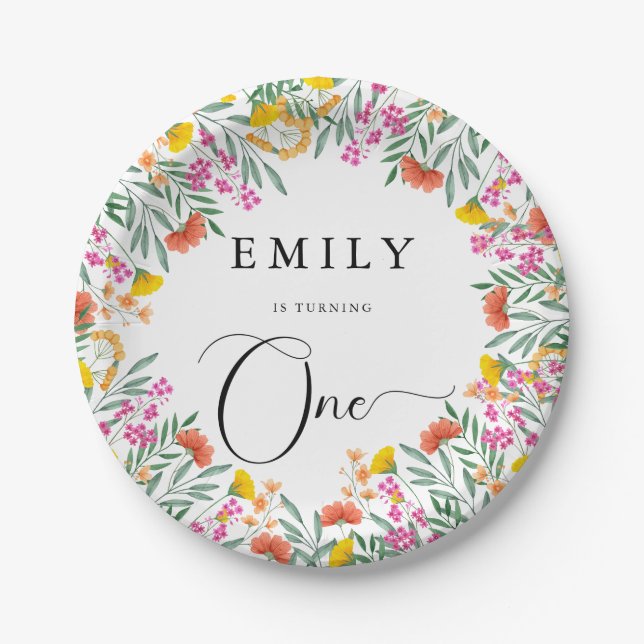 Colourful Elegant Wildflowers 1st Birthday Party Paper Plate (Front)