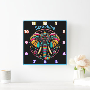 Colourful elephant adorned with vibrant decoration square wall clock