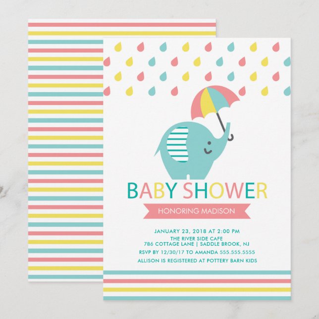 Colourful Elephant Baby Shower Invitation (Front/Back)