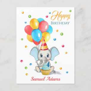 Colourful Elephant Cartoon Kids Birthday Postcard