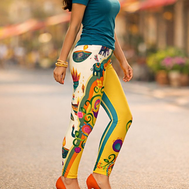 Colourful Elephant Indian Pattern Boho Leggings (Leggings featuring an India inspired colorful design with paisley pattern and elephants)