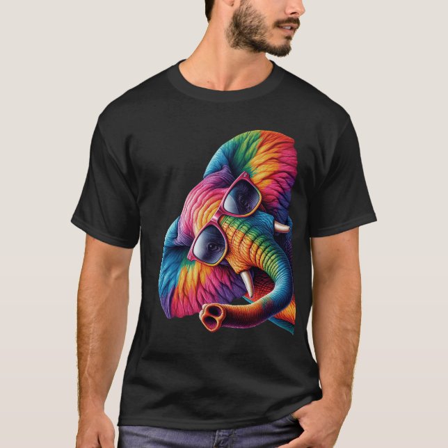 Colourful Elephant With Sunglasses Say Hi Funny T-Shirt (Front)