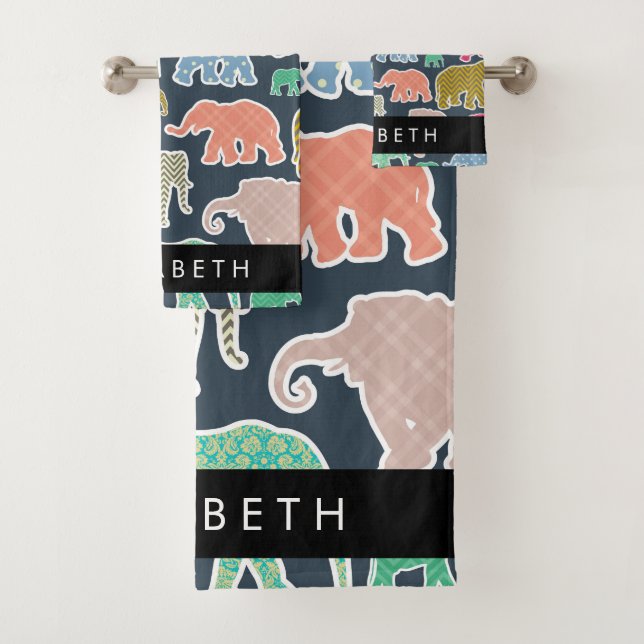 Colourful Elephants, Elephant Pattern, Your Name Bath Towel Set (Insitu)