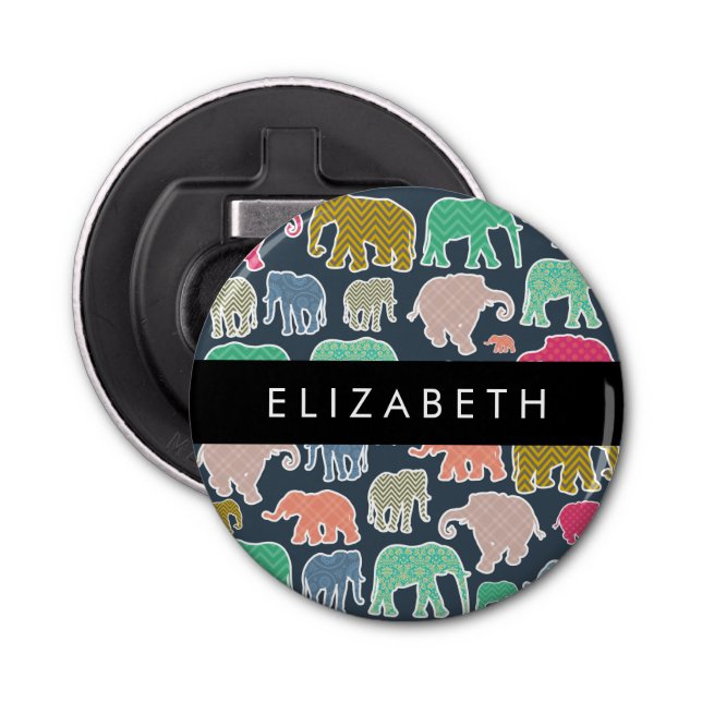 Colourful Elephants, Elephant Pattern, Your Name Bottle Opener (Front)