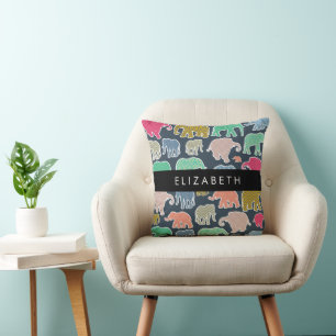 Colourful Elephants, Elephant Pattern, Your Name Cushion