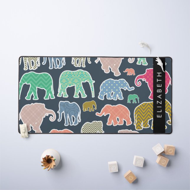 Colourful Elephants, Elephant Pattern, Your Name Desk Mat (Kids Table)