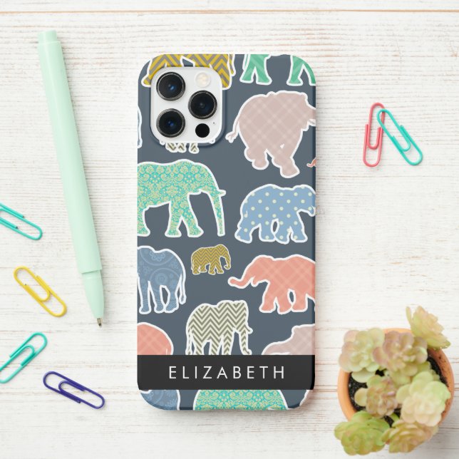 Colourful Elephants, Elephant Pattern, Your Name iPhone Case (On Desk)