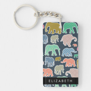 Colourful Elephants, Elephant Pattern, Your Name Key Ring