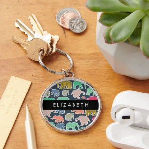 Colourful Elephants, Elephant Pattern, Your Name Key Ring