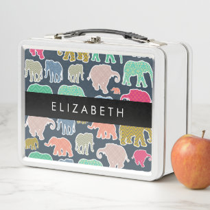 Colourful Elephants, Elephant Pattern, Your Name Metal Lunch Box