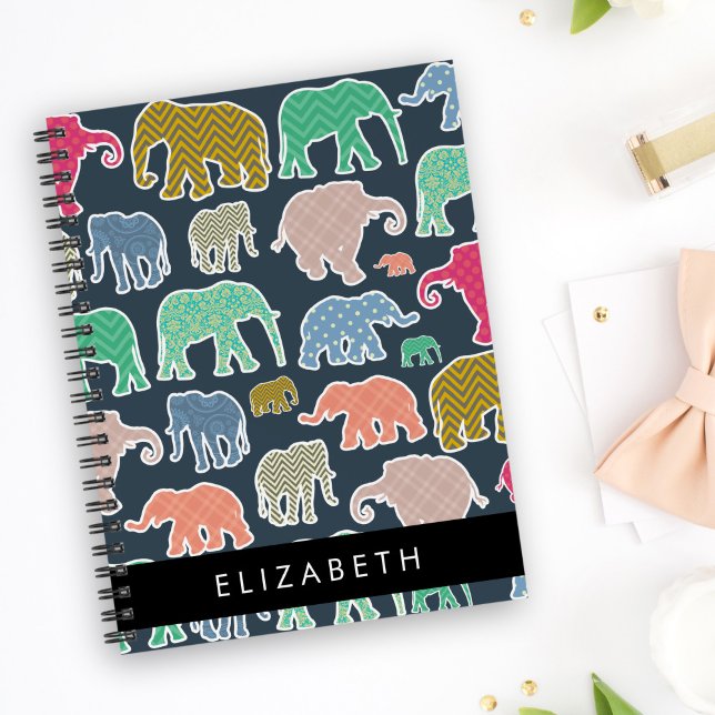 Colourful Elephants, Elephant Pattern, Your Name Notebook (Creator Uploaded)