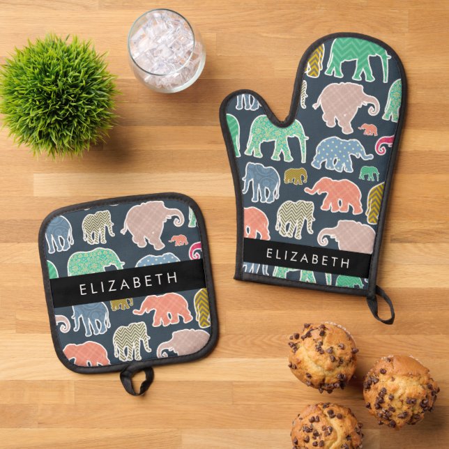 Colourful Elephants, Elephant Pattern, Your Name Oven Mitt & Pot Holder Set (Top Down)