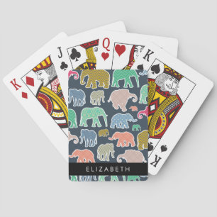 Colourful Elephants, Elephant Pattern, Your Name Playing Cards