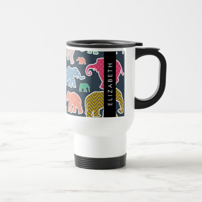 Colourful Elephants, Elephant Pattern, Your Name Travel Mug (Right)