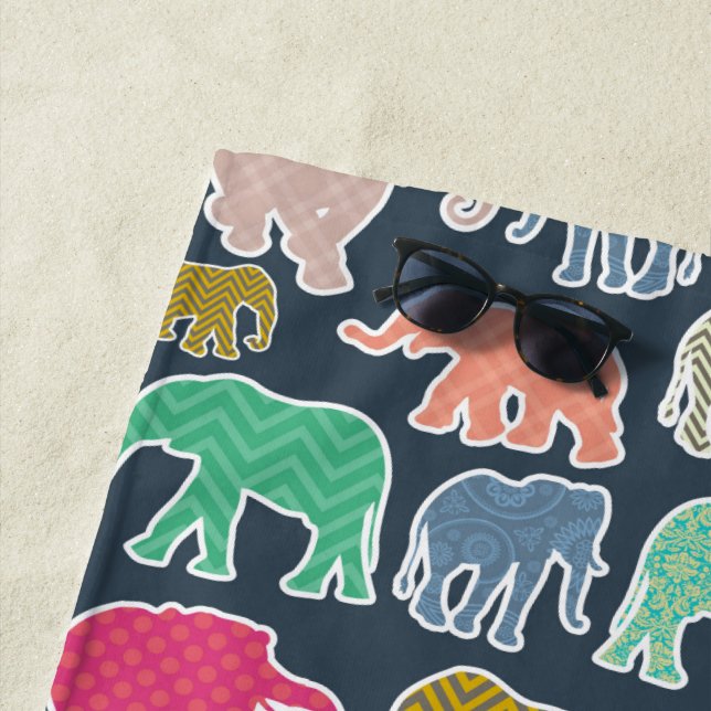 Colourful Elephants, Pattern Of Elephants, Zigzag Beach Towel (In Situ)