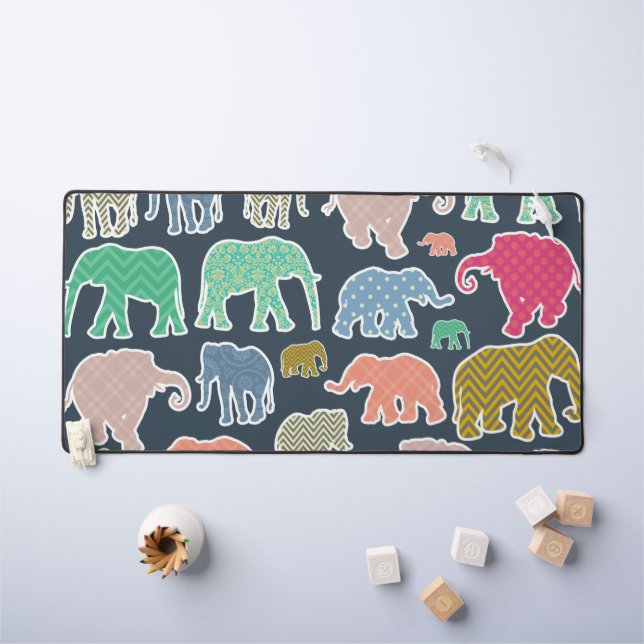 Colourful Elephants, Pattern Of Elephants, Zigzag Desk Mat (Kids Table)