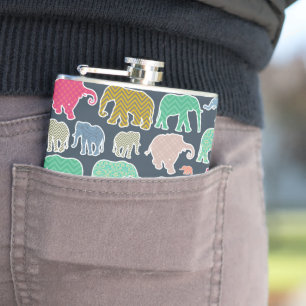 Colourful Elephants, Pattern Of Elephants, Zigzag Hip Flask