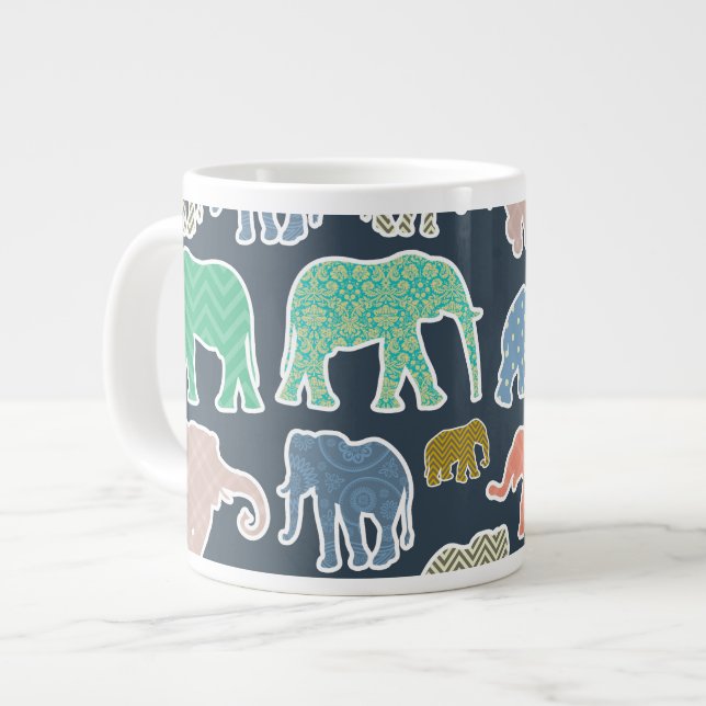Colourful Elephants, Pattern Of Elephants, Zigzag Large Coffee Mug (Front Left)