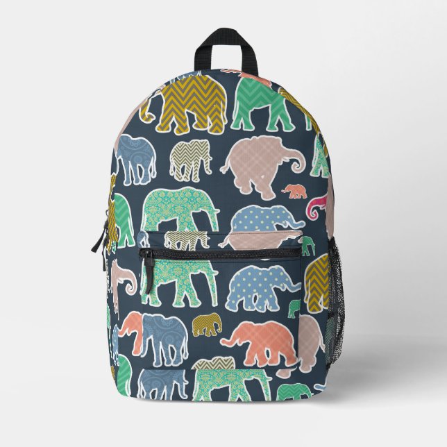 Colourful Elephants, Pattern Of Elephants, Zigzag Printed Backpack (Front)