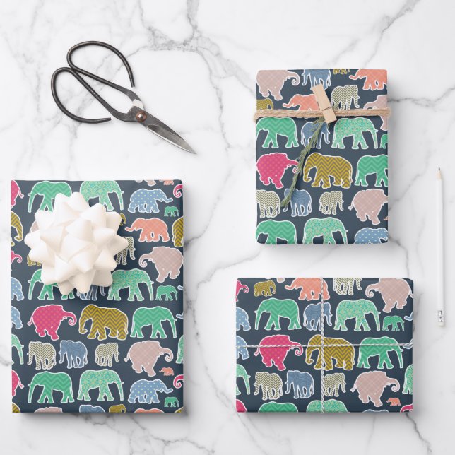Colourful Elephants, Pattern Of Elephants, Zigzag Wrapping Paper Sheet (Front)