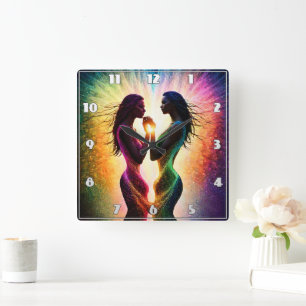 Colourful Embrace of Two Figures in Abstract Art Square Wall Clock