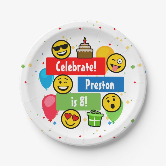 Colourful Emoji Birthday Party Kids or Boys Custom Paper Plate (Front)