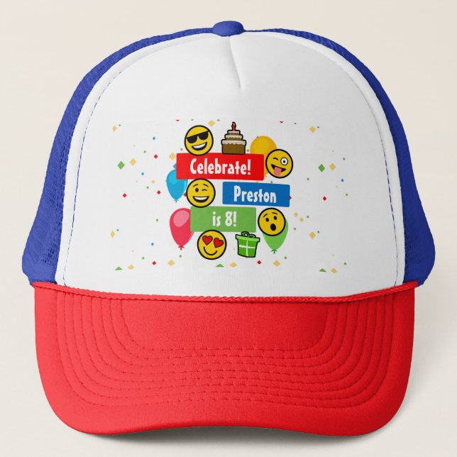 Colourful Emoji Birthday Party Kids or Boys Custom Trucker Hat (Front)