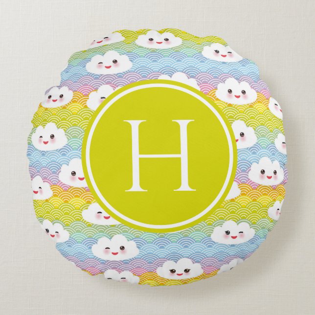 Colourful Emoji Kawaii Clouds Pattern Monogram Round Cushion (Front)
