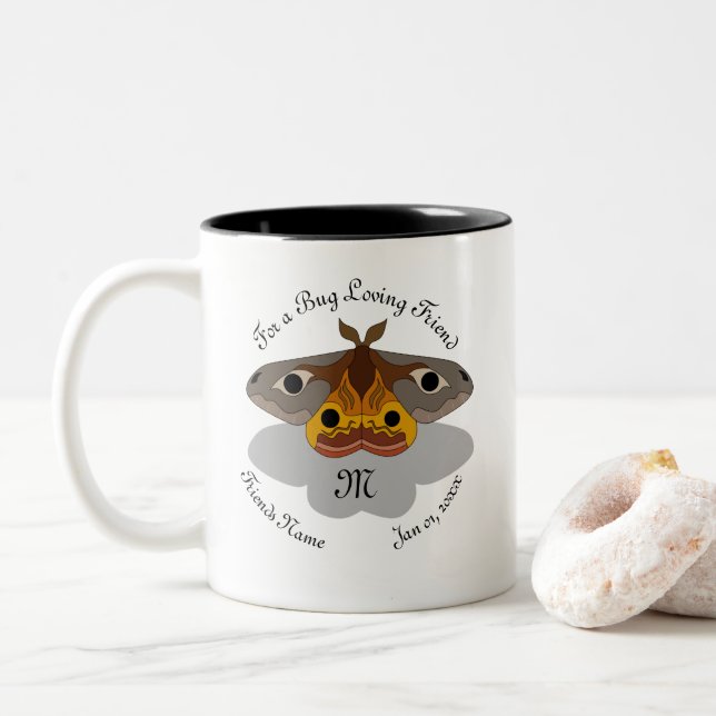 Colourful Emperor Moth Monogram Two-Tone Coffee Mug (With Donut)