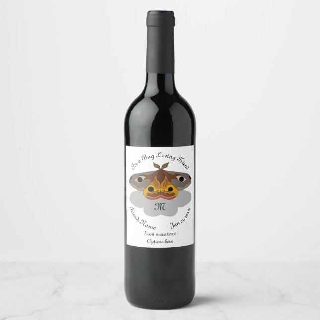 Colourful Emperor Moth Monogram Wine Label (Front)