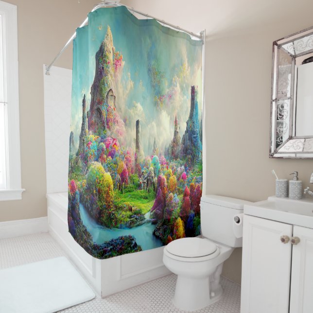 Colourful Enchanted Fantasy Nature Landscape Shower Curtain (In Situ)