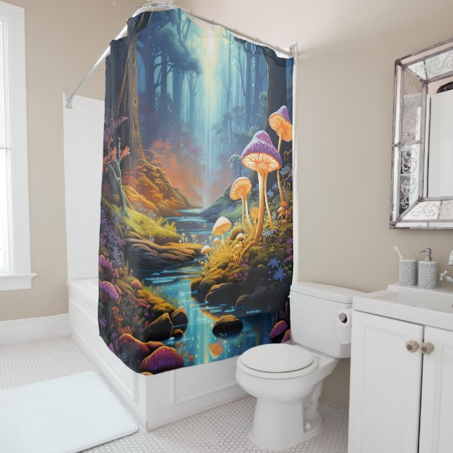 Colourful Enchanted Forest Fantasy Luminescence Shower Curtain (In Situ)